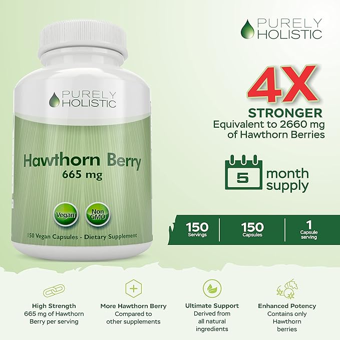 Purely Holistic Hawthorn Berry - 150 Vegan Capsules - 5 Month Supply - High Strength 4:1 Extract - Non-GMO Hawthorne Supplement - Supports Cardiovascular & Digestive Health