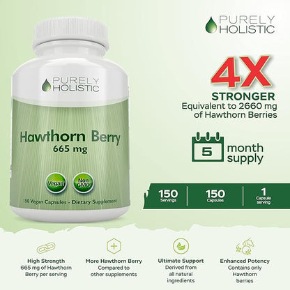 Purely Holistic Hawthorn Berry - 150 Vegan Capsules - 5 Month Supply - High Strength 4:1 Extract - Non-GMO Hawthorne Supplement - Supports Cardiovascular & Digestive Health