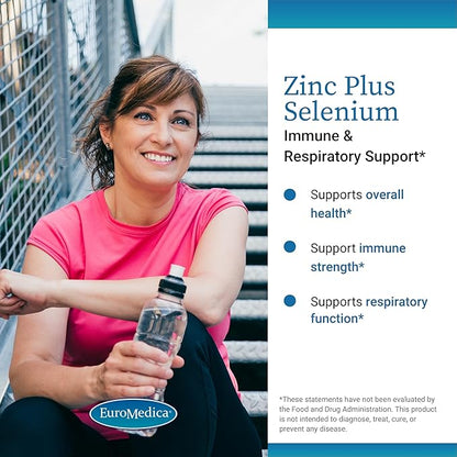 EuroMedica Zinc Plus Selenium - Immune & Respiratory Health Support Supplement - Mineral Supplement with Zinc Bisglycinate Chelate - Formula with Selenium for Cellular Health Support - 60 Capsules
