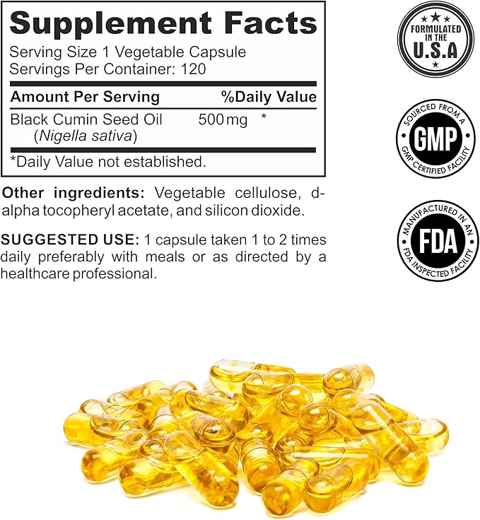 Black Seed Oil Capsules | (Non-GMO & Vegan) Cold-Pressed Nigella Sativa Producing Pure Black Cumin Seed Oil | Super Antioxidant for Digestion,Joints, Hair & Skin |500mg Each