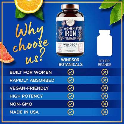 Iron and Folic Acid Supplements for Women - 35mg Gentle Iron Vitamin, Folic Acid 400mcg - Anemia, Period, Pregnancy Support Supplement, Ferrous Sulfate Pills - 60 Vegan Non-Constipating Tablets