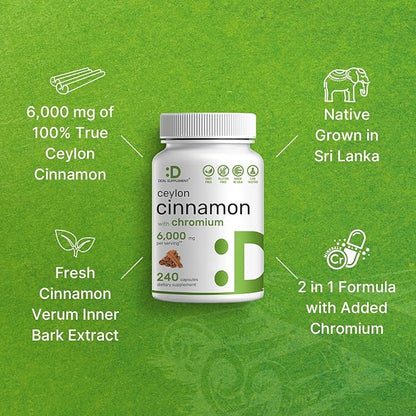 Ceylon Cinnamon 6,000mg with Chromium 1,000mcg Per Serving, 240 Capsules –Active Inner Bark Extract – True Sri Lanka Source – Natural Cinnamon Supplements– Non-GMO