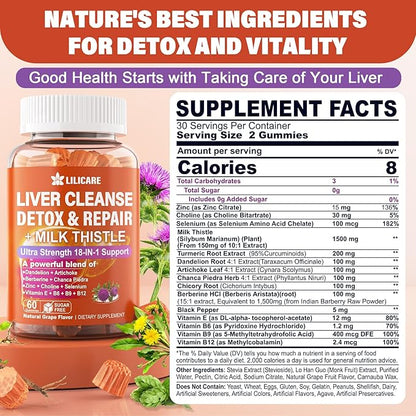 Milk Thistle Liver Detox Gummies, 18-IN-1 Liver Cleanse Detox & Repair Supplement with Berberine, Chicory Root, Turmeric, Artichoke, Dandelion Root, Chanca Piedra,Vitamins B6 B9 B12-Pack of 2