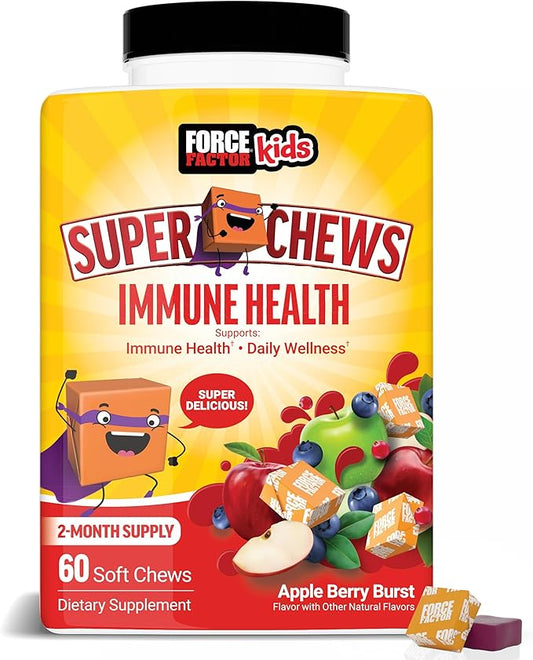 FORCE FACTOR Kids Immune Health Super Chews, Kids Immune Support Supplement with Vitamin D for Kids, Elderberry, Vitamin C, & Zinc, 2-Month Supply, Non-GMO, Apple Berry Flavor, 60 Soft Chews