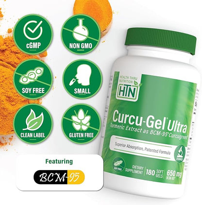 Health Thru Nutrition Curcu-Gel 650mg BCM-95® CurcuGreen Turmeric Curcumin | High Absorption | Healthy Inflammation Response | Clinically Studied | 3rd Party Tested | Non-GMO (Pack of 180)