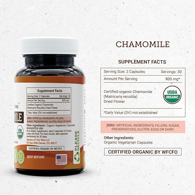 Chamomile USDA Organic 60 Capsules | High-Potency Herbal Organic Capsules | Made with Organic Vegetarian Capsules and Organic Chamomile (Matricaria recutita) Dried Flower (60 Capsules)