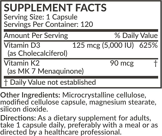 Futurebiotics Vitamin K2 (MK7) with D3 Supplement - Non-GMO Formula - 5000 IU Vitamin D3 & 90 mcg Vitamin K2 MK-7, 120 Vegetarian Capsules