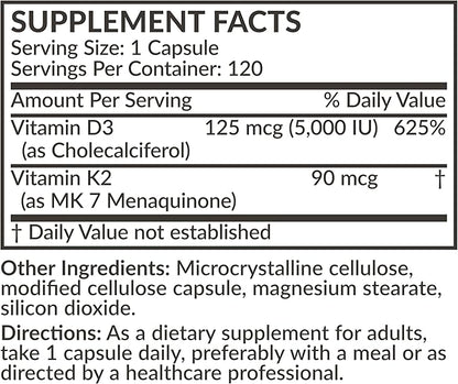 Futurebiotics Vitamin K2 (MK7) with D3 Supplement - Non-GMO Formula - 5000 IU Vitamin D3 & 90 mcg Vitamin K2 MK-7, 120 Vegetarian Capsules