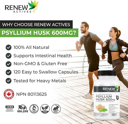 Renew Actives Psyllium Husk 1200MG per 2 Capsules – Bulk-Forming Laxative & Soluble Fiber for Digestive Health, Regularity & Adult Wellness – Pure Ingredients – Made in Canada – 120 Capsules