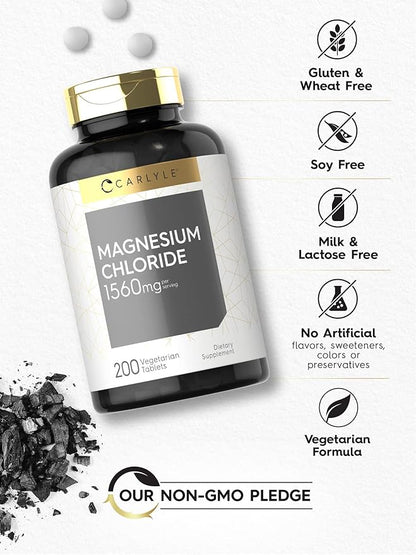 Carlyle - Magnesium Chloride | 1560mg | 200 Tablets | Cloruro de Magnesio Supplement | Vegetarian, Non-GMO, and Gluten Free Formula