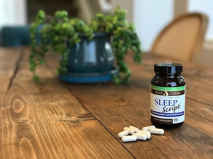 Suzy Cohen Sleep Script with Melatonin - Botanical Sleep and Relaxation Formula for Adults for Mood, Stress and Sleep, Contains 5-HTP, L-theanine, Passionflower, Lemon Balm and GABA 60 Capsules.