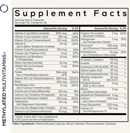 Codeage Methylated Multivitamin Supplement - B-Vitamin, Vitamins A, C, D, E, K2, B12 Methylcobalamin - L-Methylfolate - Magnesium, CoQ10, DIM, Probiotics, Benfotiamine, Lithium, Calcium - 90 Capsules