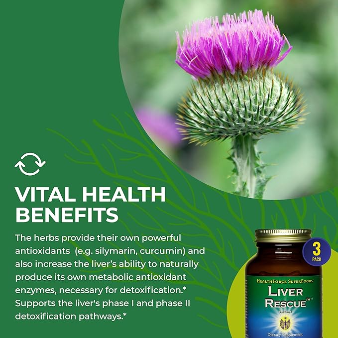 HealthForce SuperFoods Liver Rescue - Natural Liver Cleanse - with Milk Thistle & Dandelion Root - Gluten-Free & Vegan - 120 Capsules (Pack of 3)