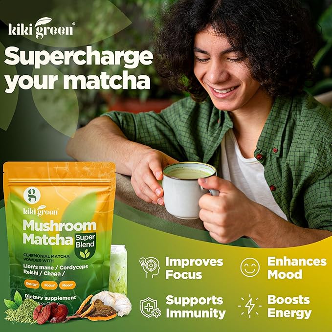 KIKI Green Mushroom Matcha Super Blend - Matcha Powder with Lion's Mane, Chaga, Reishi, Cordyceps - Mushroom Coffee Alternative for Energy, Focus, Immunity - 8 oz, 40 Servings
