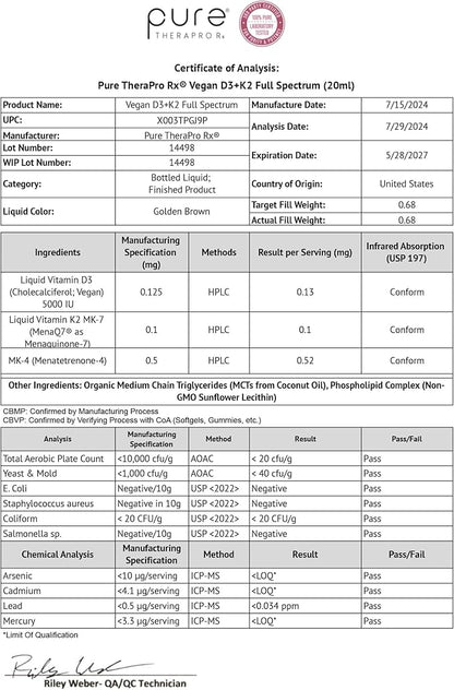 Pure TheraPro Rx Vegan D3 + K2 Organic 100% Liposomal 20ml Made in USA | 6 Month Supply | Maximum Absorption Vitamin D3 and Vitamin K2 Supplements for Men and Women, D3 Vitamin 5000 IU