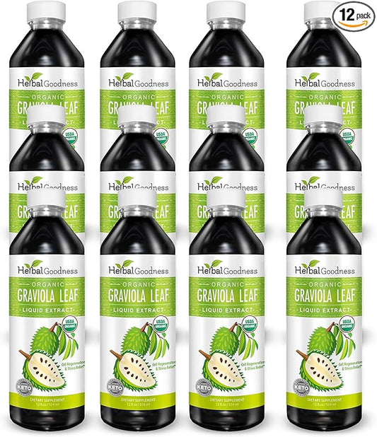 Herbal Goodness Graviola Leaf Extract 15X Strength - Soursop (Guanabana) Leaves Liquid USDA Organic Non-GMO Kosher Cell Support & Regeneration & Stress Relief Immune Boost 12(12oz) btls