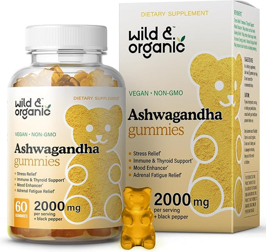 Wild & Organic Ashwagandha Gummies 2000mg - Mood Support Supplement w/Ashwagandha Root Extra Strength - Natural Calm Supplements Gummies - 60 Vegan, Non-GMO Chews