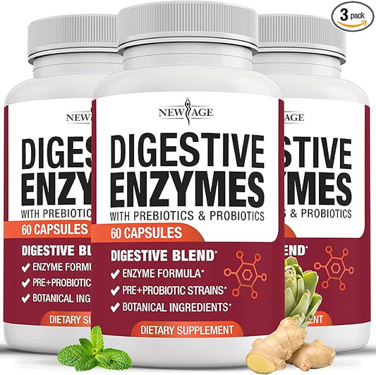 NEW AGE Digestive Enzymes for Gut Health - Probiotic Multi Enzymes with Prebiotics and Probiotics with Lipase for Women and Men for Digestive Health, Daily Enzymes for Digestion - 180 Count