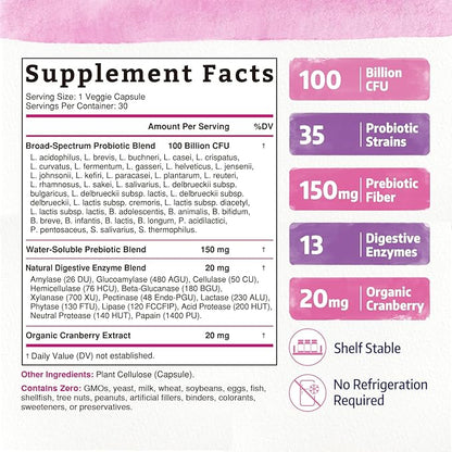 Bonawell Probiotics for Women 100B, with Prebiotics, Digestive Enzymes & Organic Cranberry for Female Vaginal Health, Digestion & Immunity, Shelf-Stable, Delayed-Release, 30 Veggie Caps