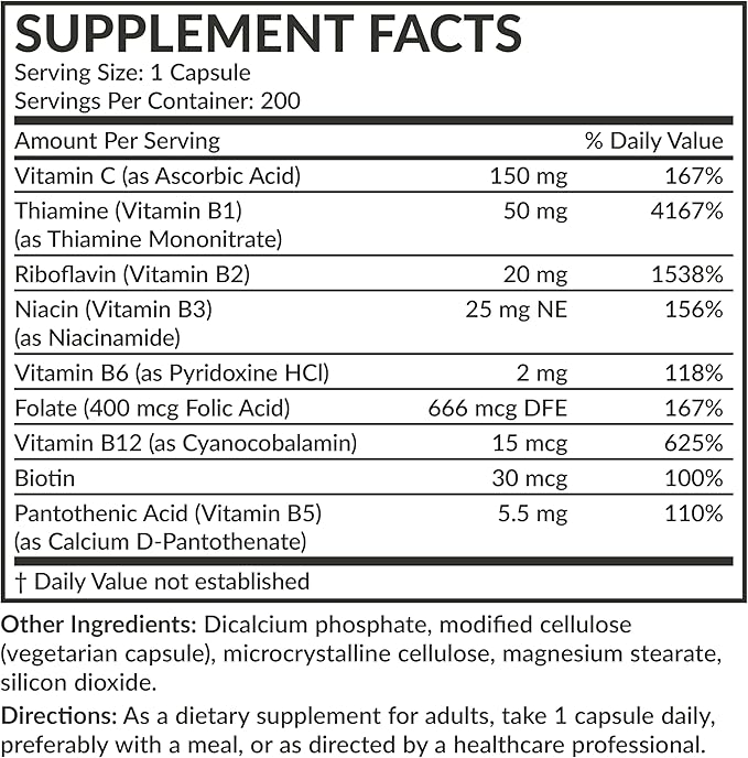 Futurebiotics Vitamin B Complex with Vitamin C Supports Energy Production, Nervous System & Immune Support - Non-GMO, 200 Vegetarian Capsules