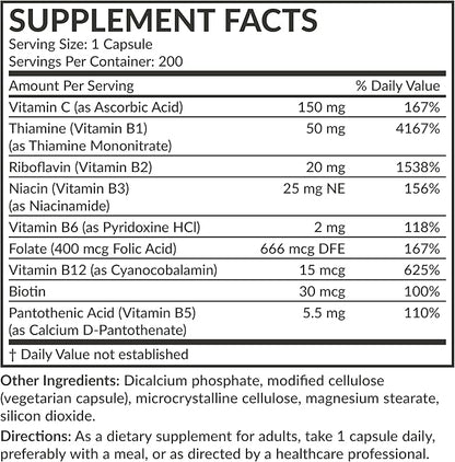 Futurebiotics Vitamin B Complex with Vitamin C Supports Energy Production, Nervous System & Immune Support - Non-GMO, 200 Vegetarian Capsules