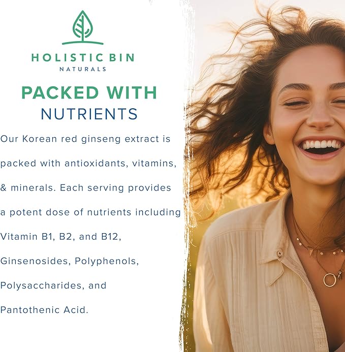 Holistic Bin Korean Red Ginseng Powder Pure Panax Ginseng Supplement | Vegan, Gluten Free, Non GMO, No Fillers | Rich in Ginsenosides (50g)