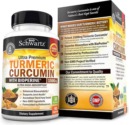 Turmeric Curcumin with Black Pepper Extract 1500mg - High Absorption Ultra Potent Turmeric Supplement with 95% Curcuminoids and BioPerine - Non GMO Tumeric Capsules for Joint Support - 90 Capsules