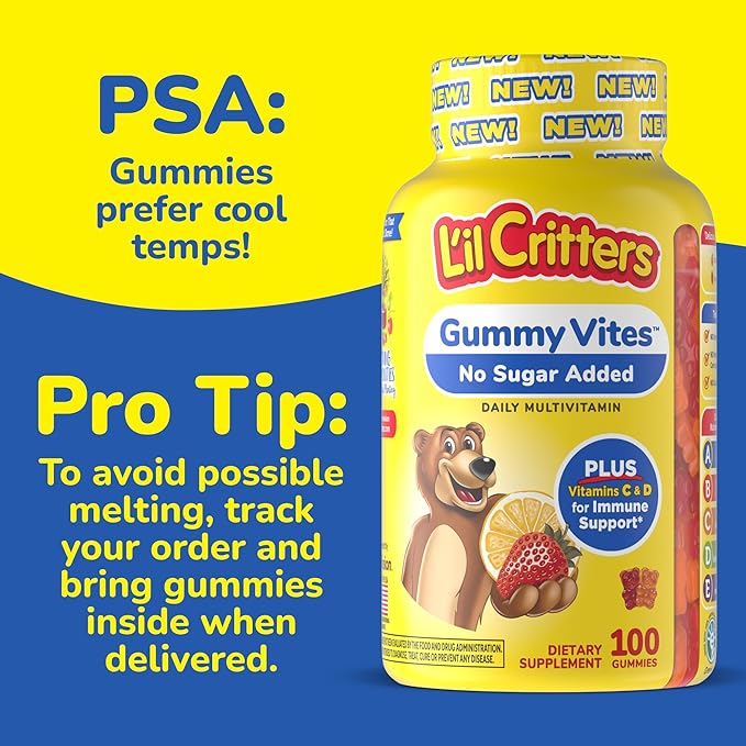 L’il Critters Gummy Vites No Sugar Added Daily Gummy Multivitamin for Ages 2+ Toddlers & Kids, Vitamin C, D3 for Immune, Strawberry and Orange Flavors, 100 Gummies