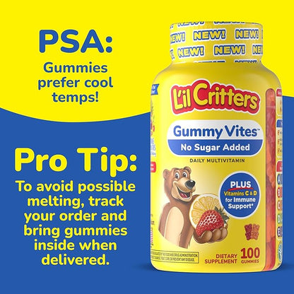L’il Critters Gummy Vites No Sugar Added Daily Gummy Multivitamin for Ages 2+ Toddlers & Kids, Vitamin C, D3 for Immune, Strawberry and Orange Flavors, 100 Gummies