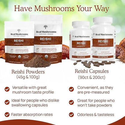 Real Mushrooms Reishi Capsules - Organic Mushroom Extract Supplement with Potent Red for Longevity, Mood, Sleep, Immune Support Vegan Supplement, Non-GMO, 200 Caps