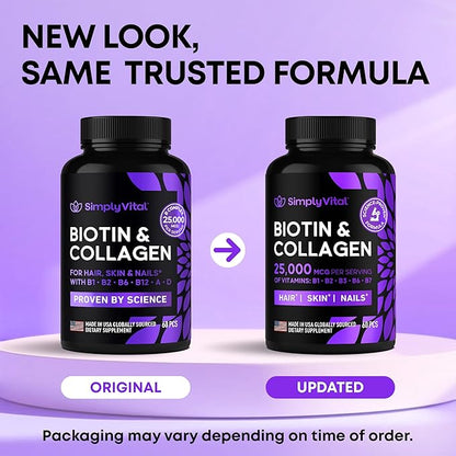 Biotin and Collagen Supplements with Keratin - Hair Vitamins - Hair Skin & Nails Vitamins with Biotin, Collagen, B Complex - Made in USA - Biotin Supplement for Strong Hair, Skin & Nails - 60 Capsules