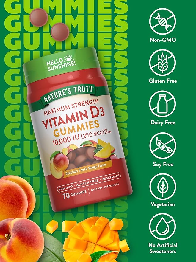 Nature's Truth Vitamin D3 Gummies | 10000 IU | 70 Count | Peach Mango Flavor | Vegetarian, Non-GMO & Gluten Free Supplement
