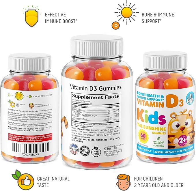 Omega 3 DHA Gummies and Vitamin D Gummies for Kids & Adults - No Fish Oil and Gluten Free Immune Health Plant Based Fiber Chewable