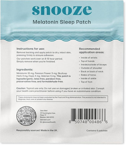 6 Pack Snooze Melatonin Sleep Patches – Wearable, No Latex, Easy to Use – Supports Natural Sleep