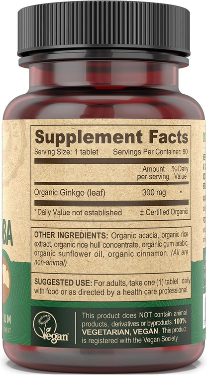 DEVA Vegan Ginkgo Biloba Dietary Supplement, USDA Organic, Vegan Society Certified, Easy-to-Swallow Tiny Tablets, 300 mg., 90-Count Bottle