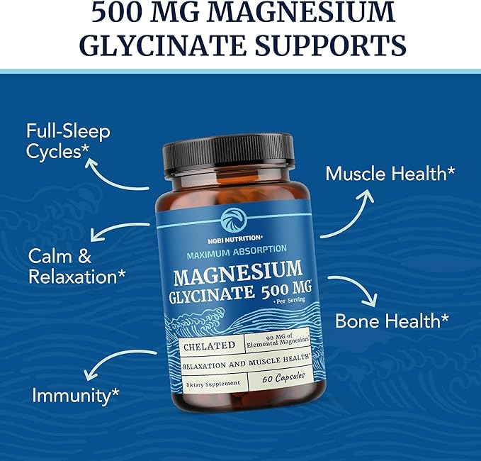 Magnesium Glycinate 500mg | Chelated for High Absorption | Muscle Relaxation, Bones, Heart, Nerve, Sleep & Calm Support for Women & Men | Magnesium Chelate Supplement & Bisglycinate Complex | 60ct
