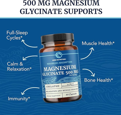 Magnesium Glycinate 500mg | Chelated for High Absorption | Muscle Relaxation, Bones, Heart, Nerve, Sleep & Calm Support for Women & Men | Magnesium Chelate Supplement & Bisglycinate Complex | 60ct