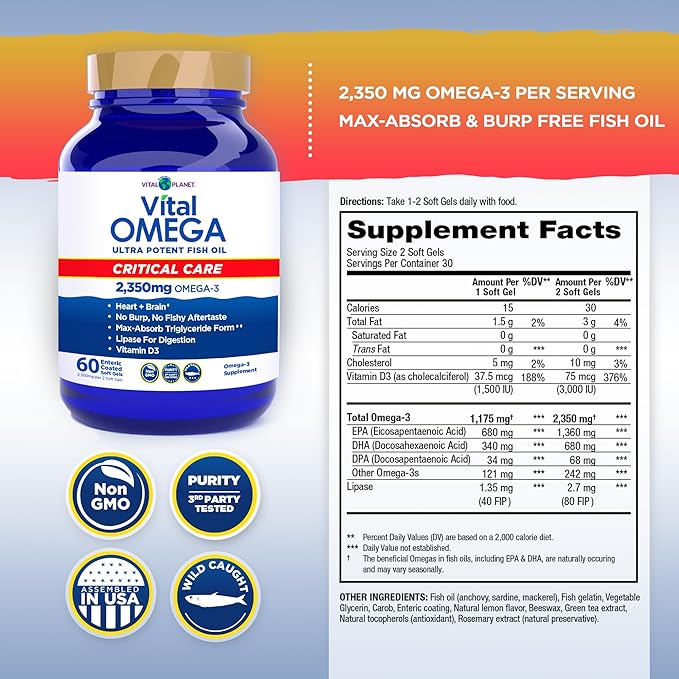 Vital Planet - Vital Omega 3 Fish Oil Critical Care Supplement with 2350mg of High Potency Wild Caught Omega 3 Fatty Acid Supplements EPA DHA and DPA for Heart Health 60 Softgels (Packaging May Vary)