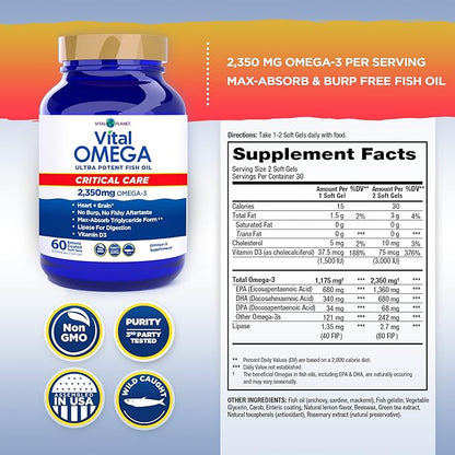 Vital Planet - Vital Omega 3 Fish Oil Critical Care Supplement with 2350mg of High Potency Wild Caught Omega 3 Fatty Acid Supplements EPA DHA and DPA for Heart Health 60 Softgels (Packaging May Vary)