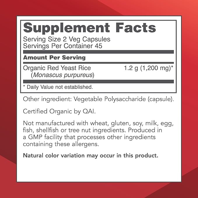 PROTOCOL FOR LIFE BALANCE Red Yeast Rice 600 mg - Made with Organic Red Yeast Rice - Dairy Free & Egg Free - 90 Veg Capsules