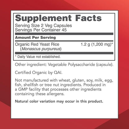 PROTOCOL FOR LIFE BALANCE Red Yeast Rice 600 mg - Made with Organic Red Yeast Rice - Dairy Free & Egg Free - 90 Veg Capsules