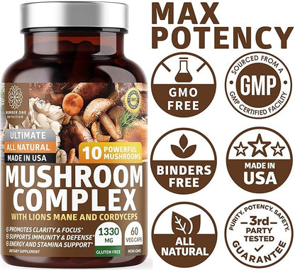 N1N Premium Mushroom Complex [10X Powerful Mushrooms] with Reishi, Lions Mane, Cordyceps, Chaga, Turkey Tail and Maitake to Support Health, Brain Functions and Energy Levels, 60 Veg Caps
