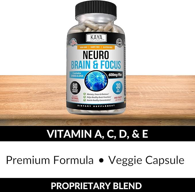 Kaya Naturals - Neuro Brain for Memory & Focus - Nootropic Energy Capsule - Nootropic Brain Support Supplement - Focus & Concentration & Learning Accuracy - Cognitive Function - 60 Count