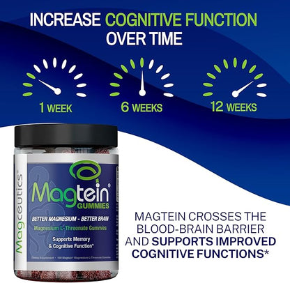 Magtein Gummies - Magnesium L-Threonate Gummies, Brain Support, Focus Supplement, Boost Memory & Cognitive Function - 150 Vegan Gummies