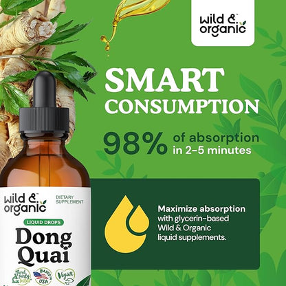 Wild & Organic Dong Quai Supplement for Women - 500 mg Dong Quai Root Extract for Women's Health - Angelica Root Herb Tincture - Female Ginseng Liquid Extract - No Sugar & Alcohol - 4 fl oz