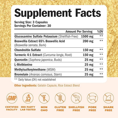 Glucosamine Chondroitin MSM and Turmeric Supplement - Joint Support Supplement for Women & Men with Boswellia & Glucosamine Sulfate 1500 mg. Used for Cartilage & Joint Health & Flexibility 90 Capsules