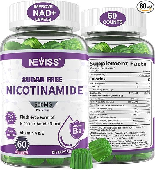Sugar Free Nicotinamide 500mg Gummies, (Flush Free Niacin) Vitamin B3 Niacinamide Supplement for Cell Regeneration, NAD+ Levels, Anti-Aging, Cellular Energy, Focus & DNA Repair, Longevity, 60Cts