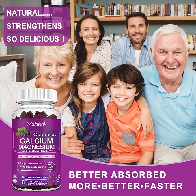 Calcium Magnesium Zinc Gummies with High Absorption Magnesium Glycinate 200mg, Potassium -Plant Calcium Supplement w/ D3 & Sea Moss for Bone, Muscles, Calm Mood & Sleep Support- Kids & adults (1 Pack)