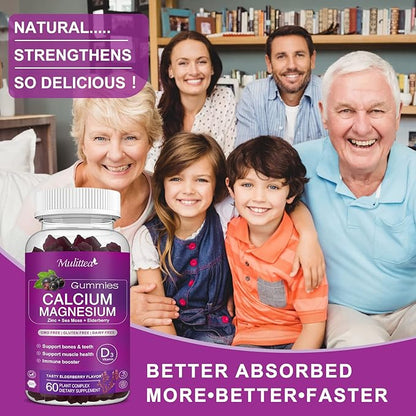 Calcium Magnesium Zinc Gummies with High Absorption Magnesium Glycinate 200mg, Potassium -Plant Calcium Supplement w/ D3 & Sea Moss for Bone, Muscles, Calm Mood & Sleep Support- Kids & adults (1 Pack)