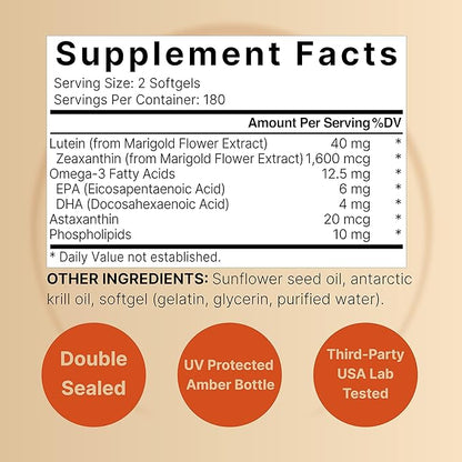 Lutein 40mg and Zeaxanthin 1,600mcg Per Serving, 360 Softgels | 4 in 1 with Omega-3s, Astaxanthin, & Phospholipids – Marigold Flower Extract – Eye Antioxidant Vitamins – Non-GMO